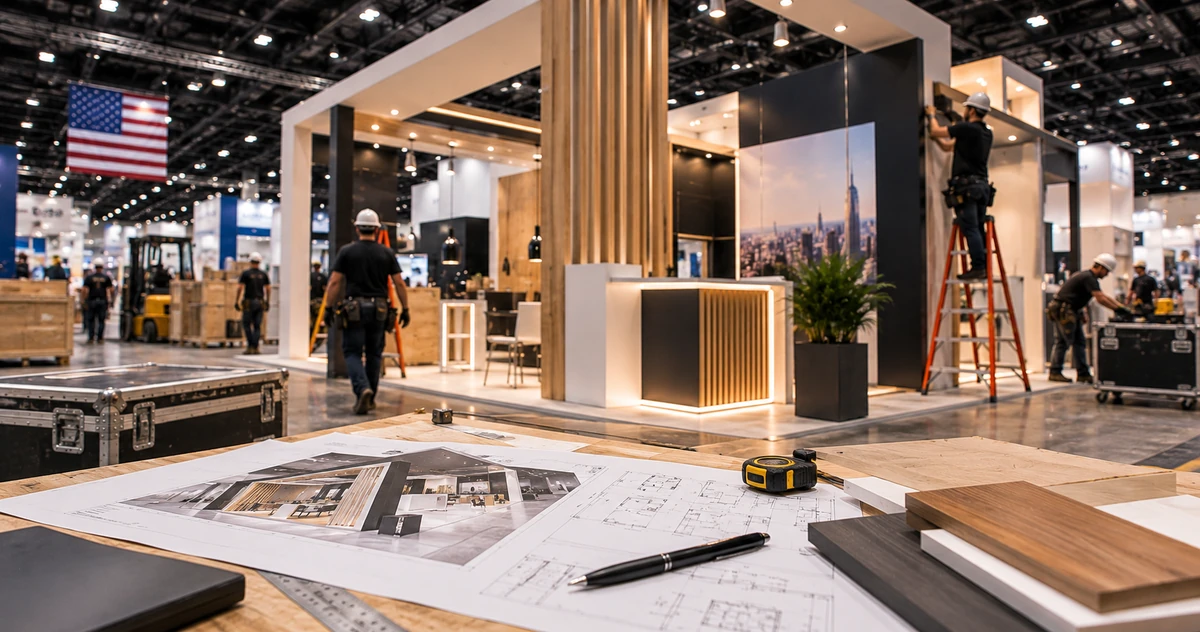 Exhibition stand installation crew and design plans at a US trade show hall